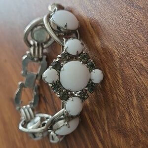 Vtg Juliana Silver, White & Rhinestone 5 Link Bracelet - Retro 1960s Costume